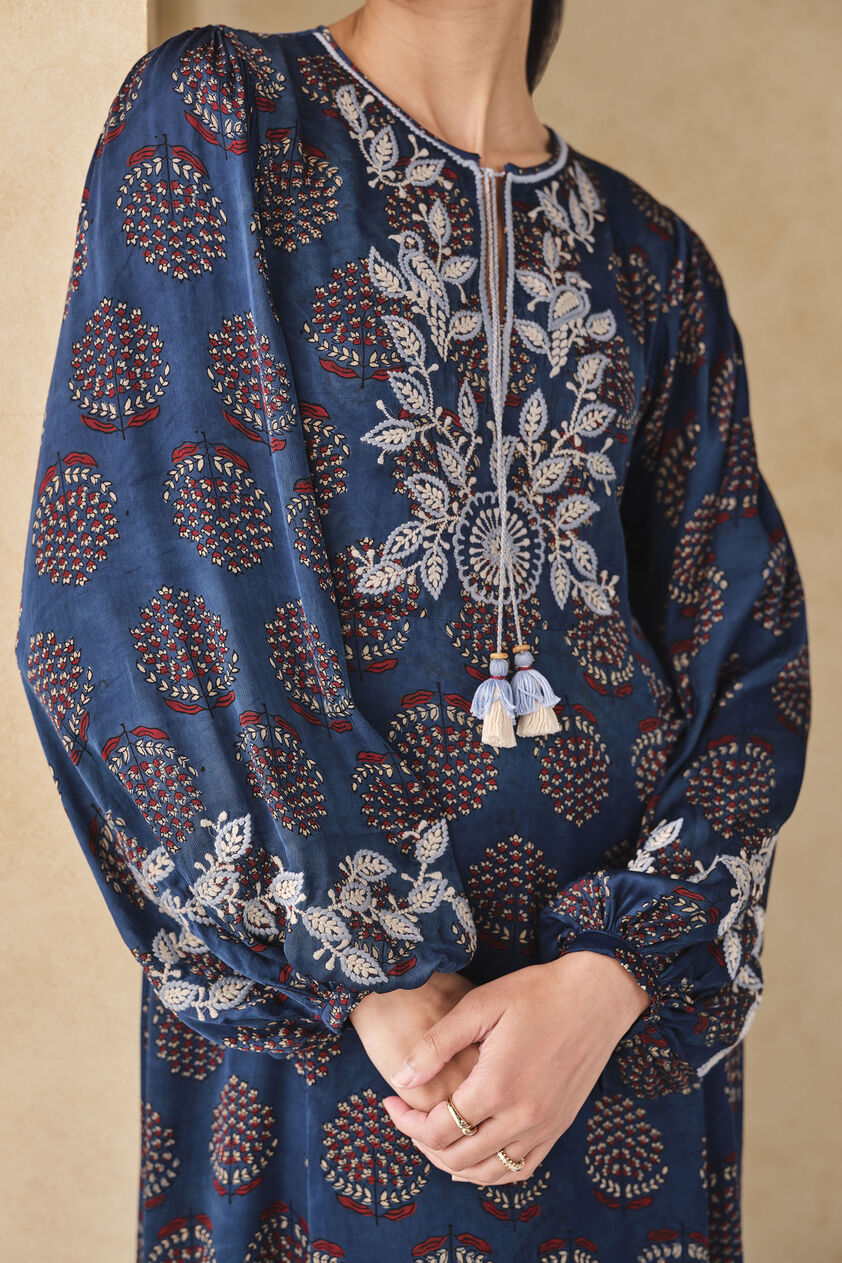 Aze Handcrafted Ajrakh Kaftan - Blue, Blue, image 4